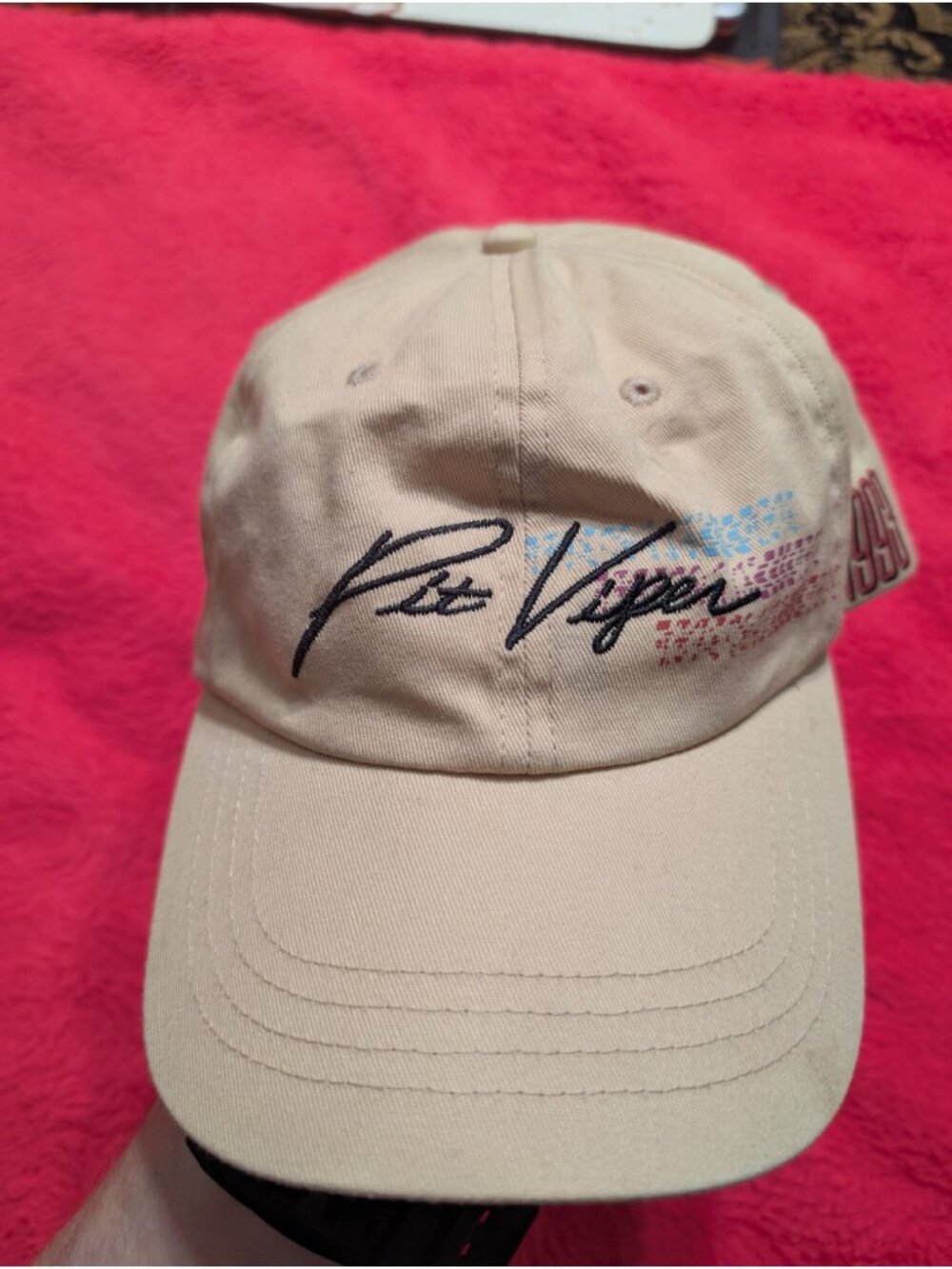 Pit Viper Stepdad Hat Tan Beige 1993 Splatter Script Logo Retro Buckle Dad Cap